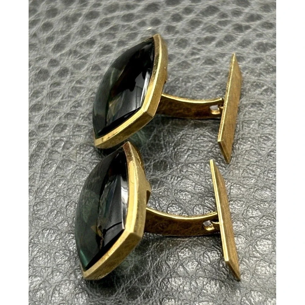Vintage 14K Solid Gold Cufflinks Dark Green Gemstones Men's Formal Wear Luxury